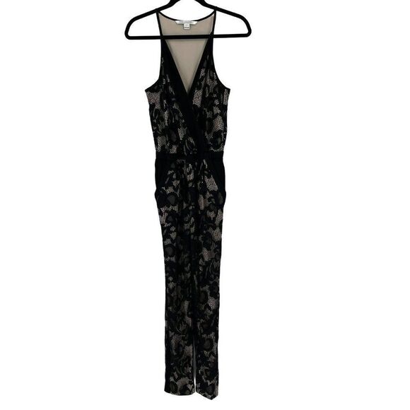 Diane Von Furstenberg Shany Abstract Floral Lace Black Sleeveless Jumpsuit 2 - Picture 3 of 11